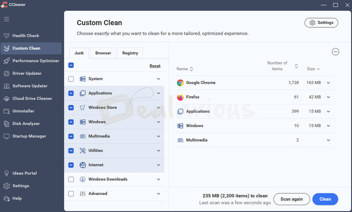 CCleaner-7-Custom Clean CCleaner 7 Custom Clean section showing Junk, Browser and Registry cleaning options