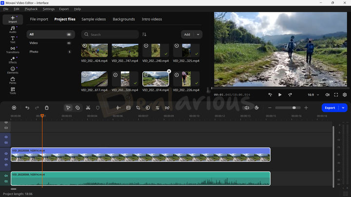 Movavi Video Editor 2026 Interface The Movavi Video Editor interface 2026 shows imported video clips on the left, a preview panel on the right, and video and audio tracks on the timeline below.