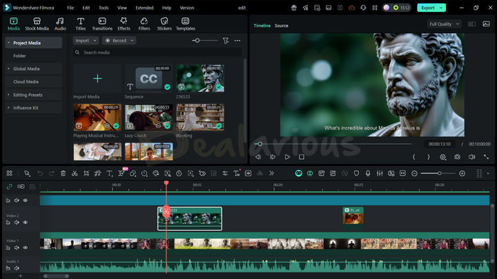 Wondershare Filmora 15 Editing Window Filmora 15 main editing window showing timeline and preview panel