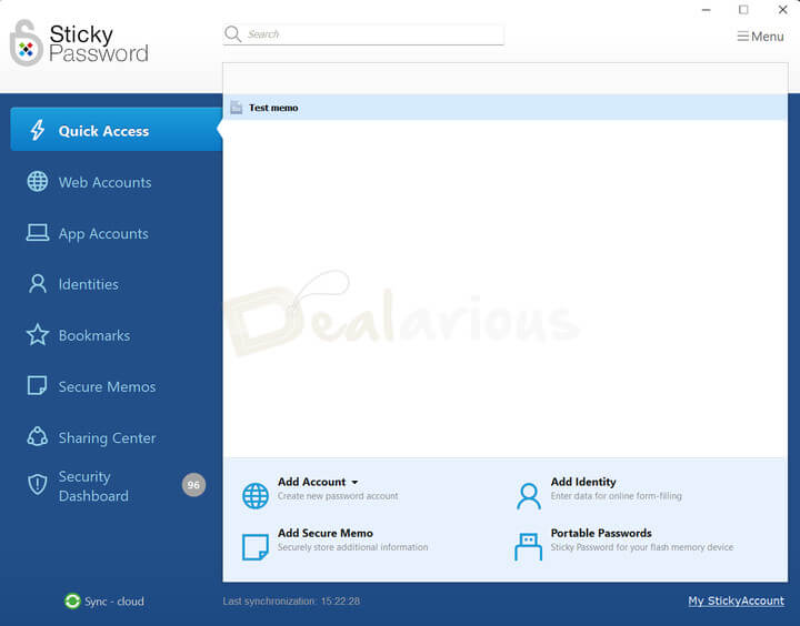 Sticky Password desktop interface with Quick Access panel and options to add accounts and secure memos.