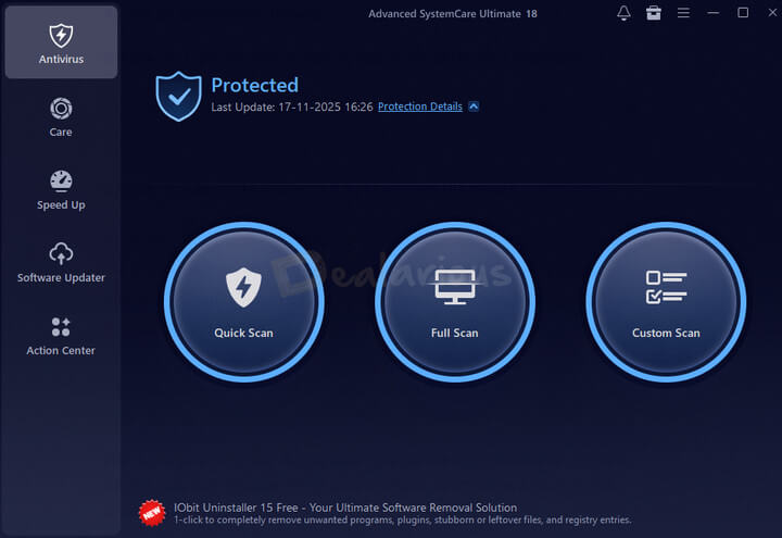 Advanced SystemCare Ultimate interface with left navigation panel for Care, Speed Up, Software Updater, and Antivirus, plus quick settings in the top-right corner.