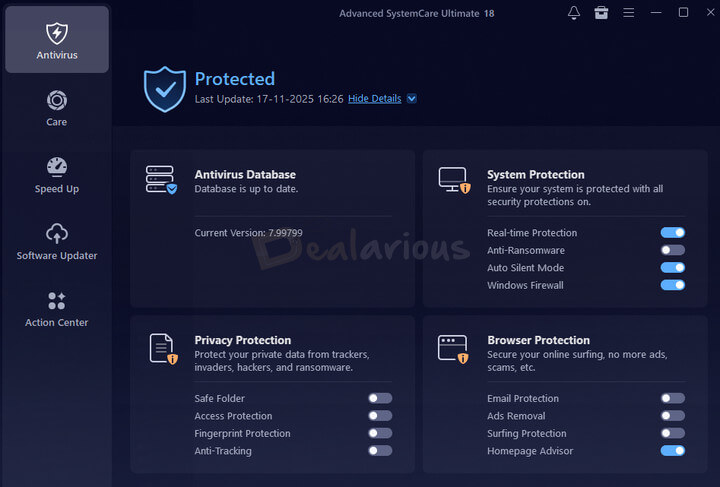 Advanced SystemCare Ultimate Antivirus tab with Protection Details panel showing antivirus, system, privacy, and browser protection status.