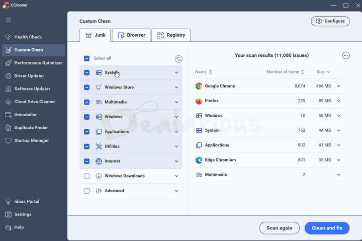 CCleaner 7 Custom Clean section showing Junk, Browser, and Registry tabs with cleaning options for Google Chrome, Firefox, and Windows applications