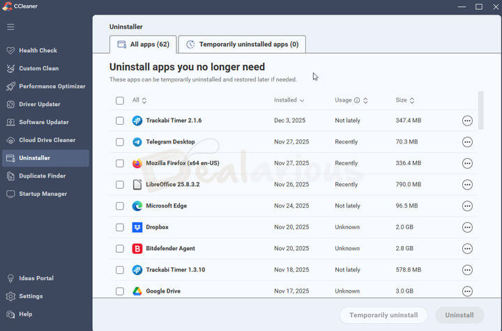 CCleaner 7 Uninstaller section showing a list of installed software including Advanced SystemCare, Bitdefender, and Dropbox with uninstall and temporary uninstall options