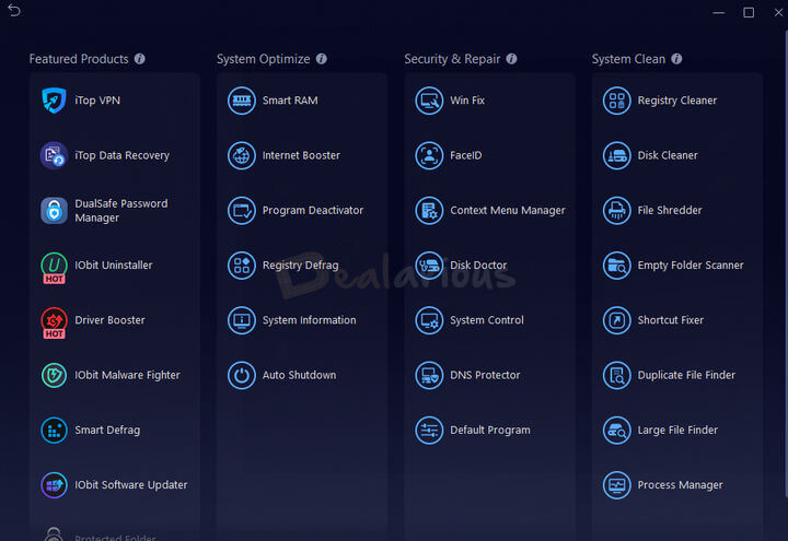 Toolbox in Advanced SystemCare Ultimate showing modules like Registry Cleaner, FaceID, Disk Cleaner, Smart RAM, Windows Fix, and other tools.