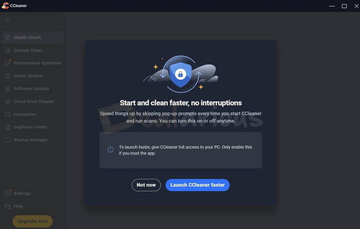 CCleaner 7 launch prompt offering faster startup and uninterrupted cleaning