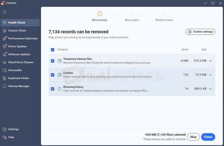 CCleaner 7 Health Check showing temporary internet files, cookies, and browsing history selected for cleaning