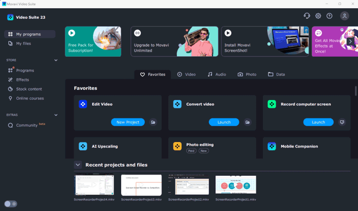 Movavi Video Suite 2023 Homescreen