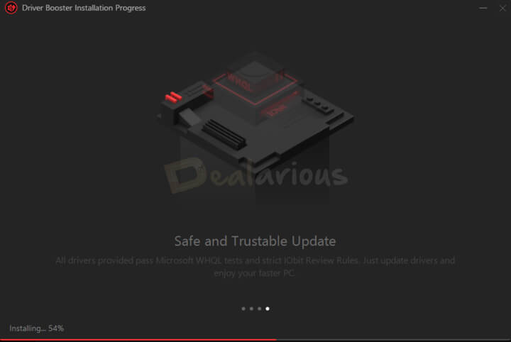 Driver Booster 13 installation progress showing WHQL certified driver update message