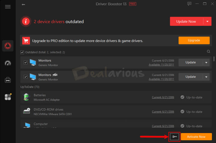 Driver Booster 13 scan showing 2 outdated drivers with Activate Now button highlighted