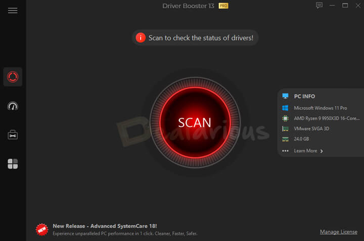 IObit Driver Booster 13 Pro interface on Windows 11 showing scan and update options