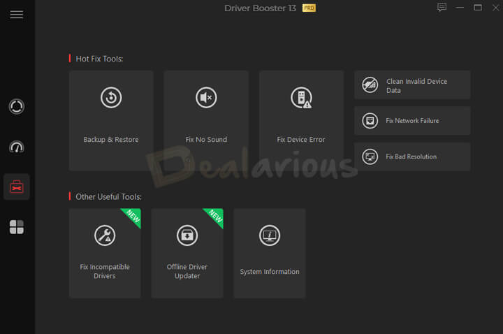 Driver Booster 13 Pro tools tab with fixes for sound, network, and driver issues