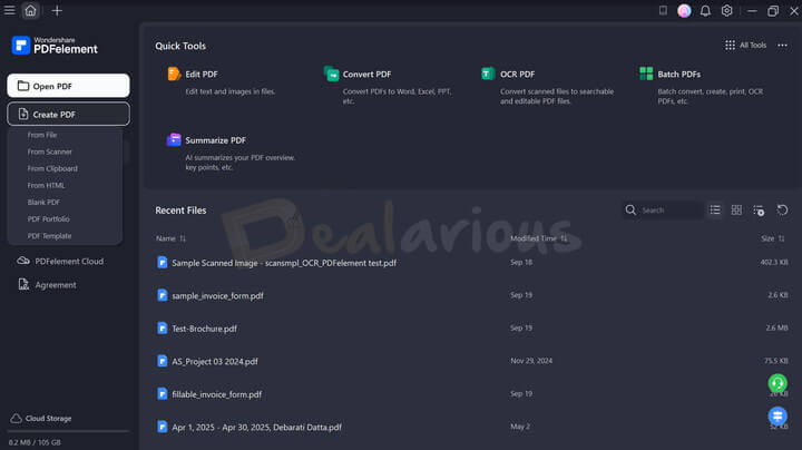 User interface of Wondershare PDFelement 12 showing Quick Tools, Recent Files and Left side menu options