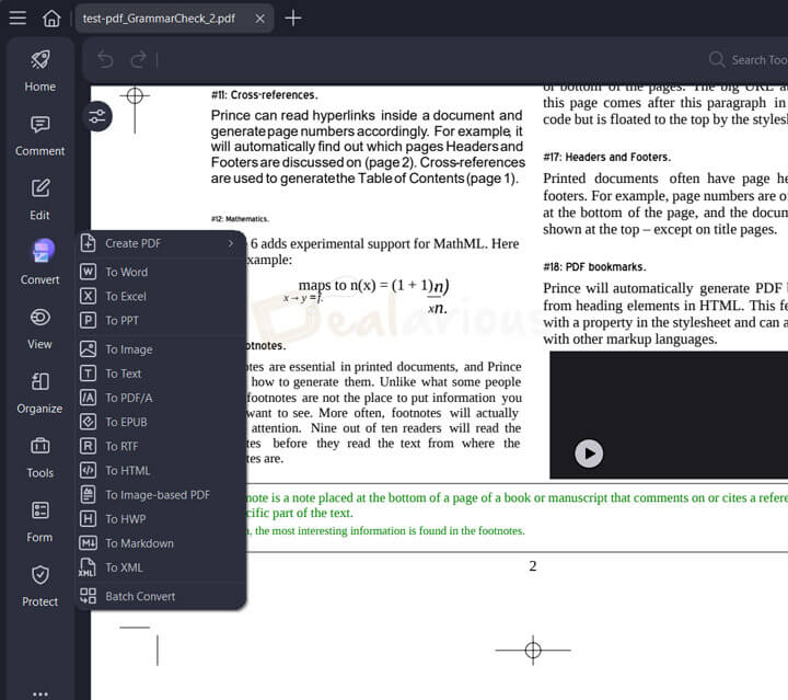 Screenshot of Wondershare PDFelement 12 workspace showing the Convert menu options for exporting PDF files to Word, Excel, PowerPoint, and other formats.