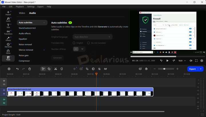 Movavi Video Editor 2026 AI tools panel showing auto subtitles, silence removal, and noise reduction options