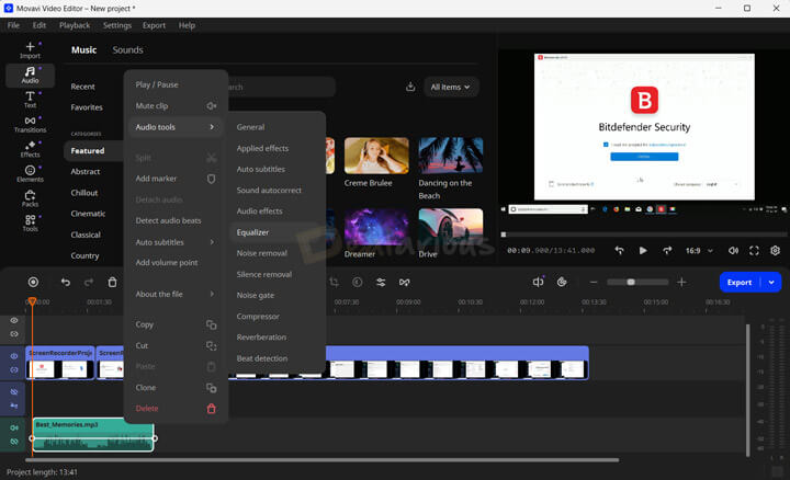 Movavi Video Editor 2026 audio editing tools menu with options like equalizer, silence removal, and beat detection