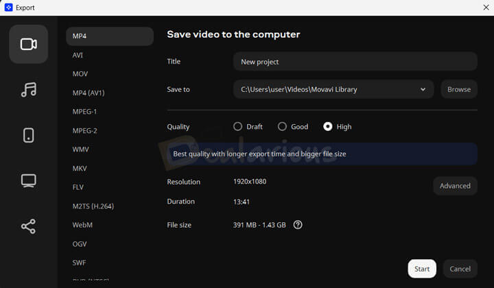 Movavi Video Editor 2026 export options screen with file formats, resolution, and video quality settings