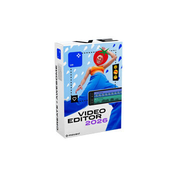Movavi Video Editor 2026 thumbnail showing colorful software box design