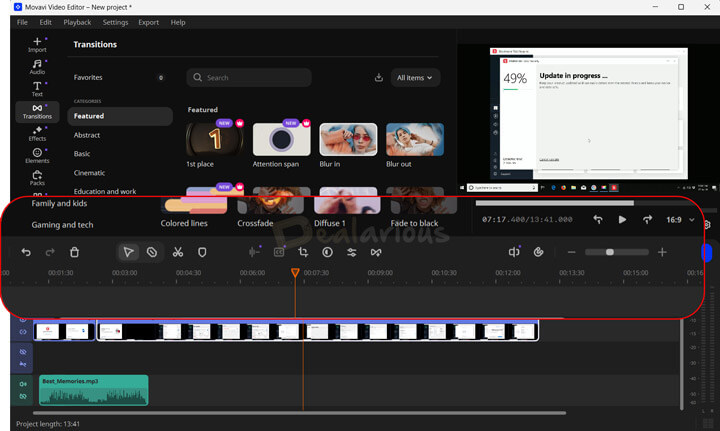 Movavi Video Editor 2026 interface showing timeline, transitions panel, and editing toolbar