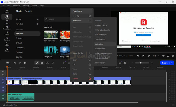 Movavi Video Editor 2026 video editing tools menu with options like stabilization, chroma key, and scene detection