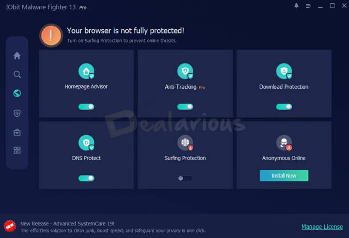 IObit Malware Fighter 13 Browser Protect section showing active and inactive browser security features