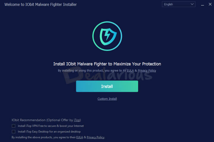 IObit Malware Fighter 13 Pro installer with install button and optional offers like iTop VPN