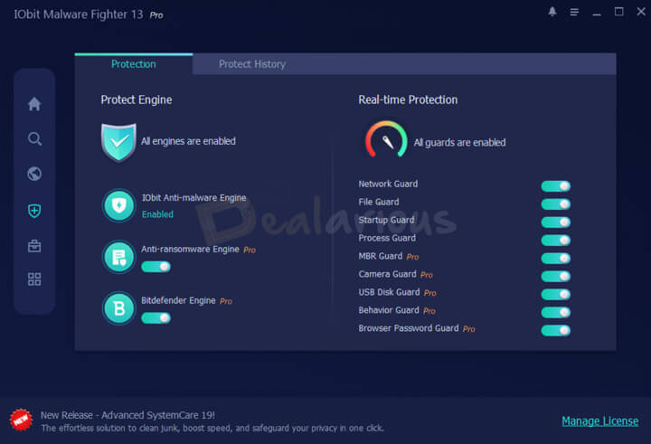 IObit Malware Fighter 13 Security Guard showing real-time protection modules and enabled scan engines