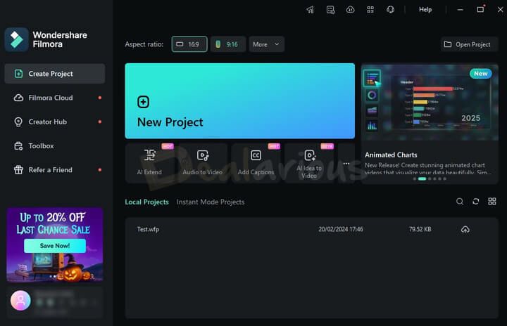 Wondershare Filmora 15 main startup window showing options like Create Project, Filmora Cloud, Creator Hub, Toolbox, and Refer a Friend.
