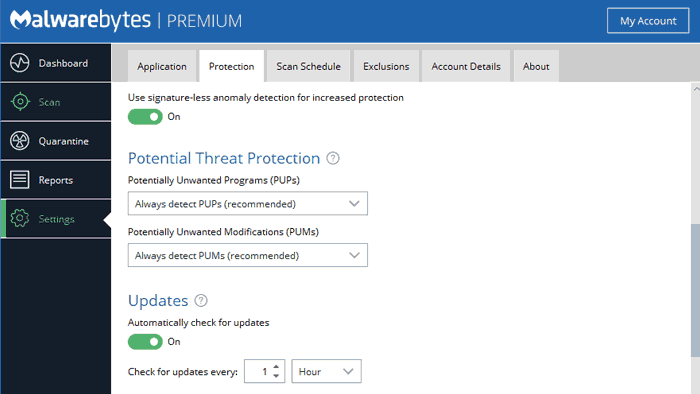 Malwarebytes Settings tabs