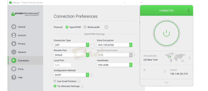 Private Internet access interface