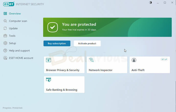 ESET Home Security Essential dashboard on Windows showing real-time protection status, Browser Privacy, Network Inspector, and Anti-Theft features.